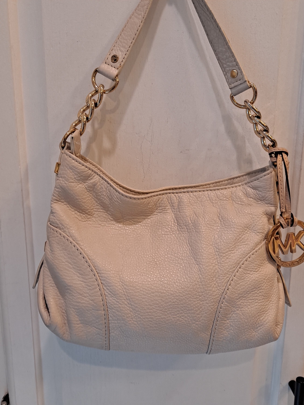 Michael Kors Cream Pebbled Leather Mini Slouchy Shoulder Bag Gold MK Charm Chain